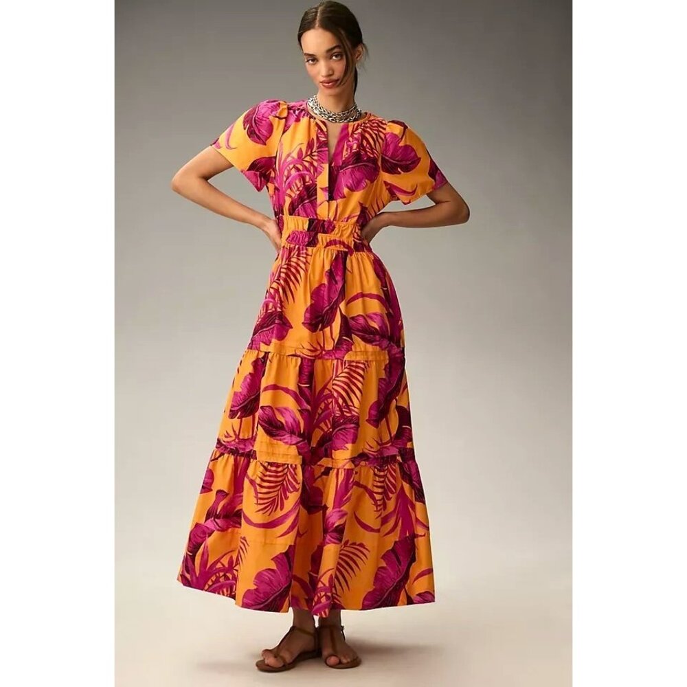 NWT Anthropologie Somerset Maxi in Orange Pink Tropical Tiered Cotton Dress XLP